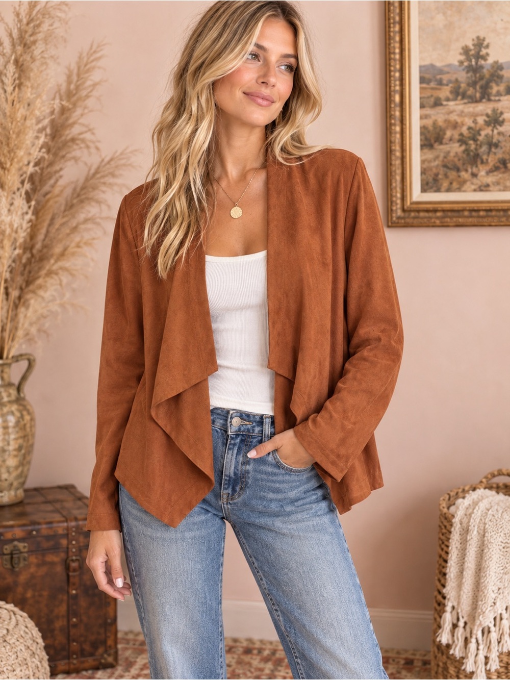 Thread & Supply Rust Brown Draped Open Front Jacket